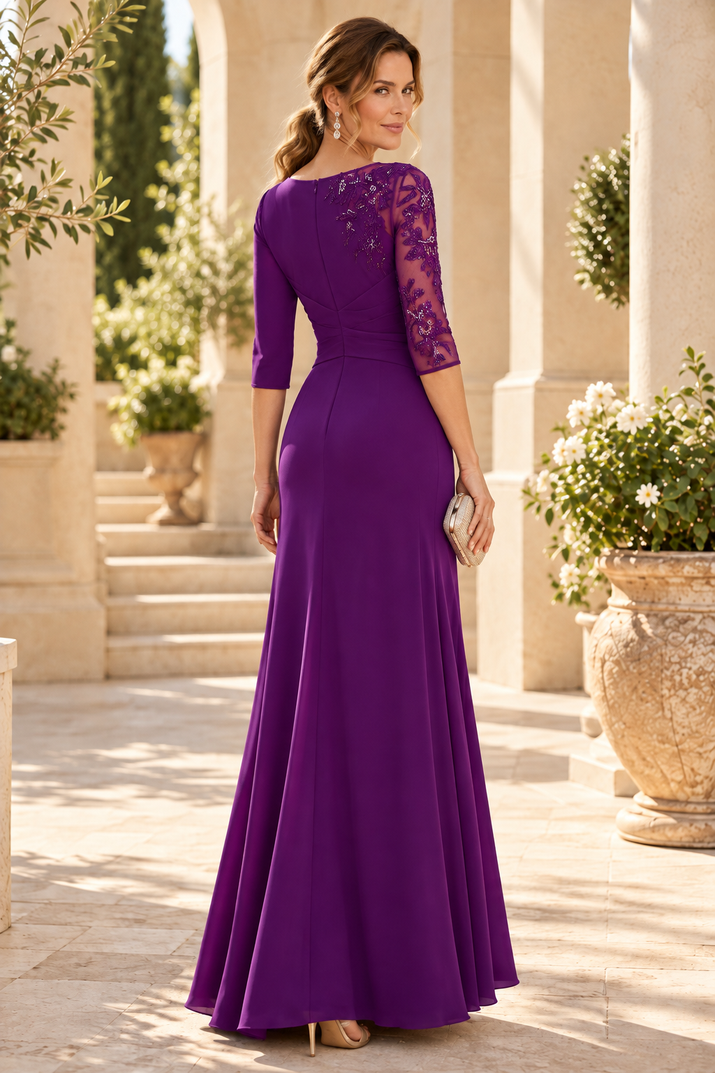 Pleated Inset Gown with Sheer Floral Sleeve