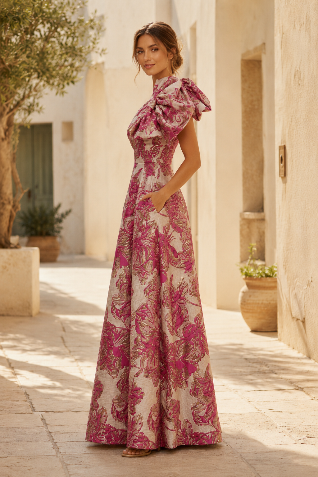 Vestido de fiesta floral de brocado con un solo hombro