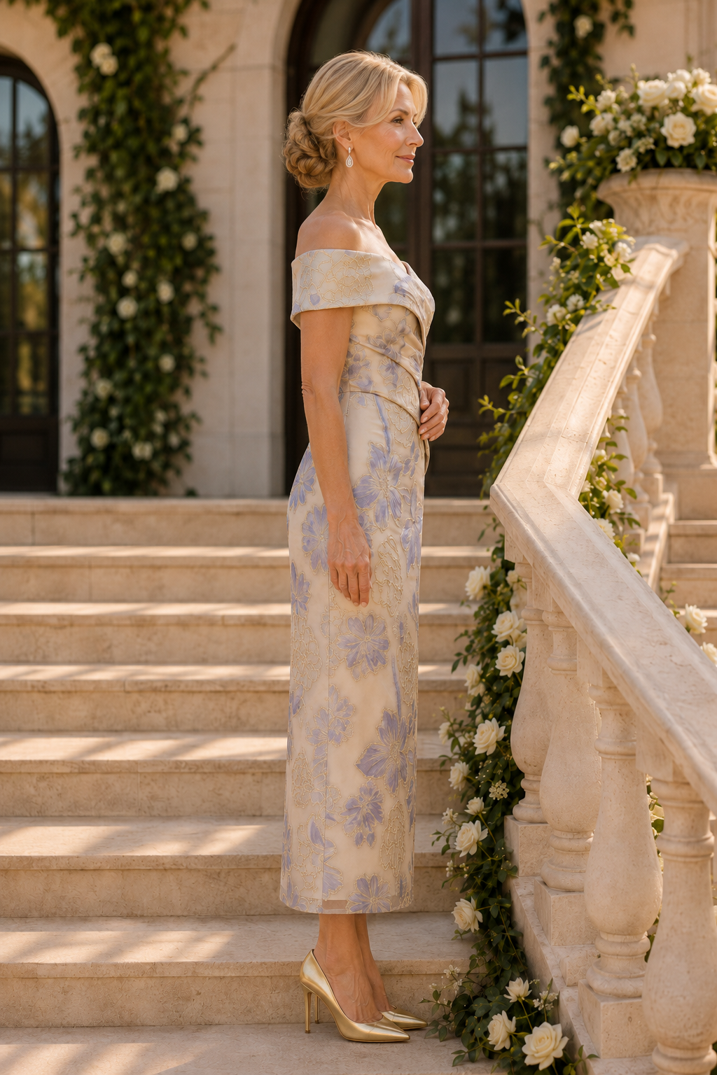 Vestido midi jacquard floral con hombros descubiertos