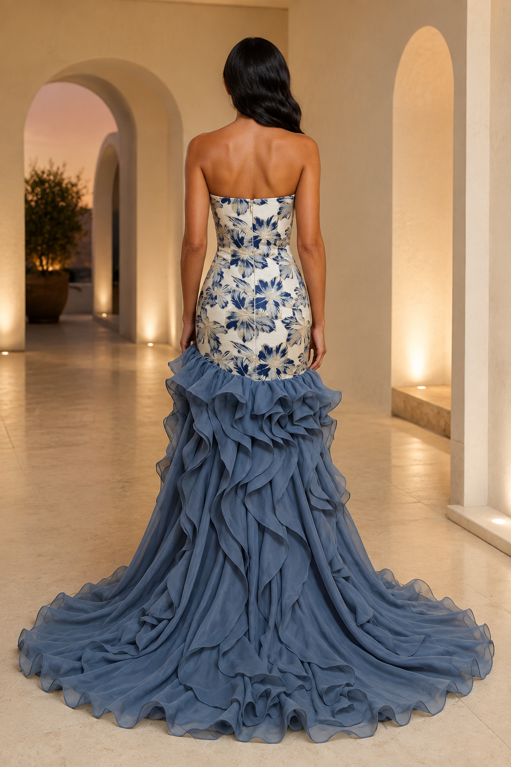 Vestido con Corpiño Floral sin Tirantes y Falda con Abertura Alta con Volantes