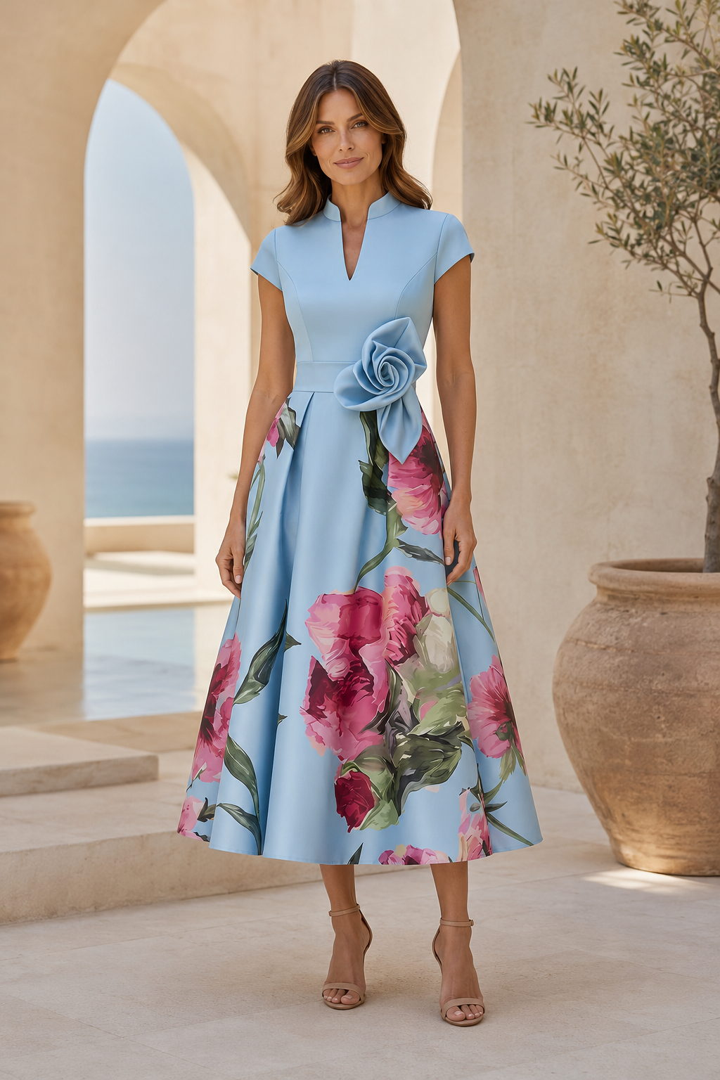 Vestido midi ajustado y con vuelo de estampado floral con cintura de flores