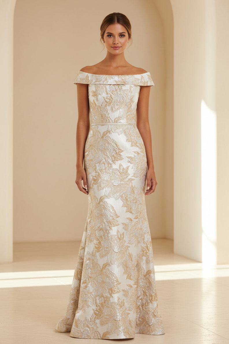 Vestido trompeta de jacquard con hombros descubiertos