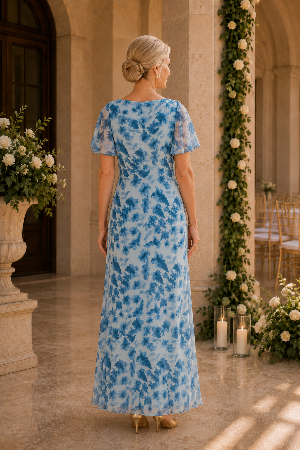 Vestido maxi de chifón con estampado floral, cuello desbocado y manga con volantes