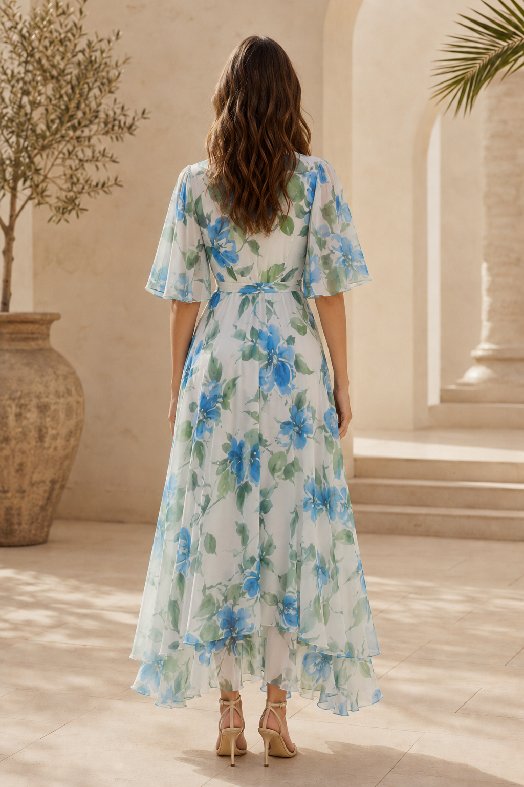 Vestido maxi floral con mangas de volante y bajo asimétrico