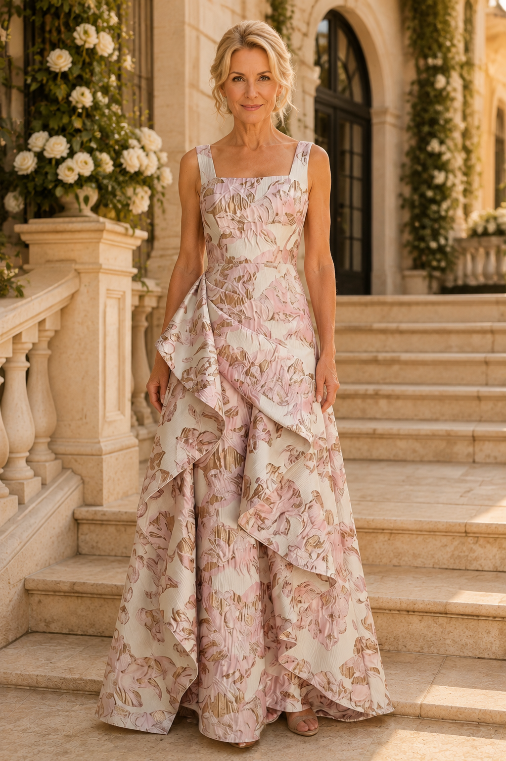 Vestido de noche asimétrico con drapeado y jacquard floral