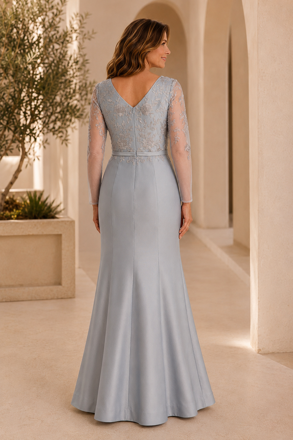 Vestido de noche de sirena de encaje de manga larga con ilusión