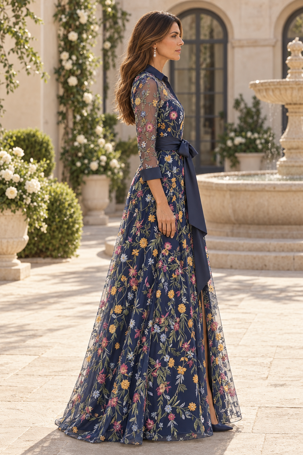 Vestido de noche con bordado floral y manga francesa