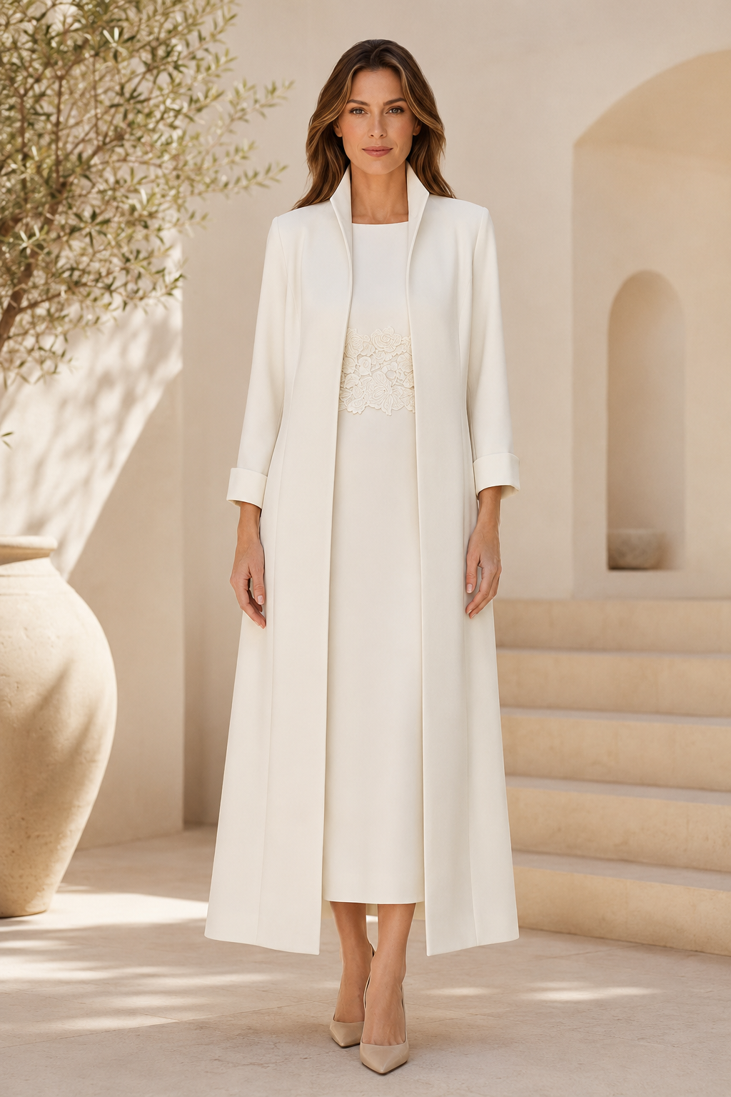Conjunto de Vestido Tubo de Dos Piezas y Abrigo Largo
