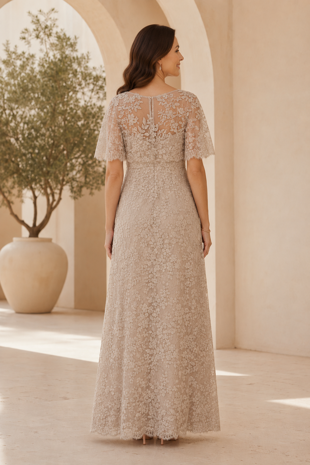 Vestido de Noche con Mangas de Volante de Encaje y Talle Imperio