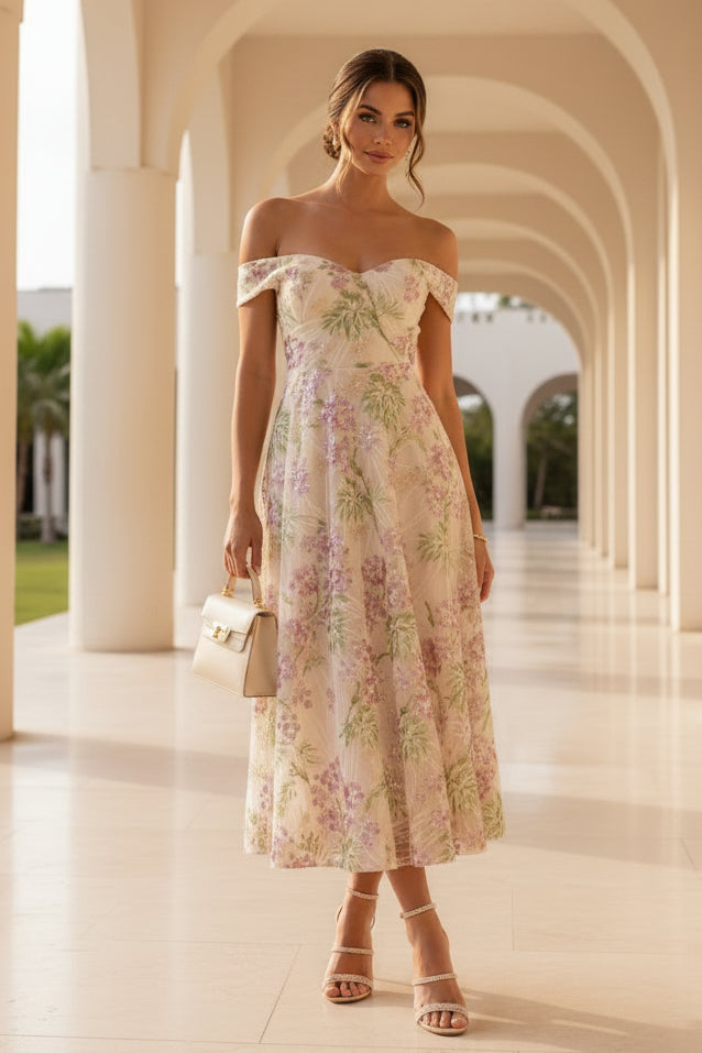 Vestido midi acampanado con hombros descubiertos, estampado floral y lentejuelas