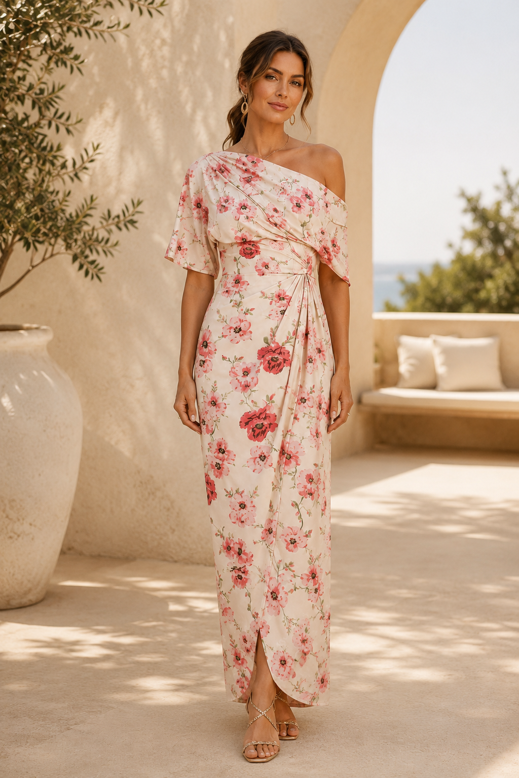 Vestido largo floral con drapeado y un hombro