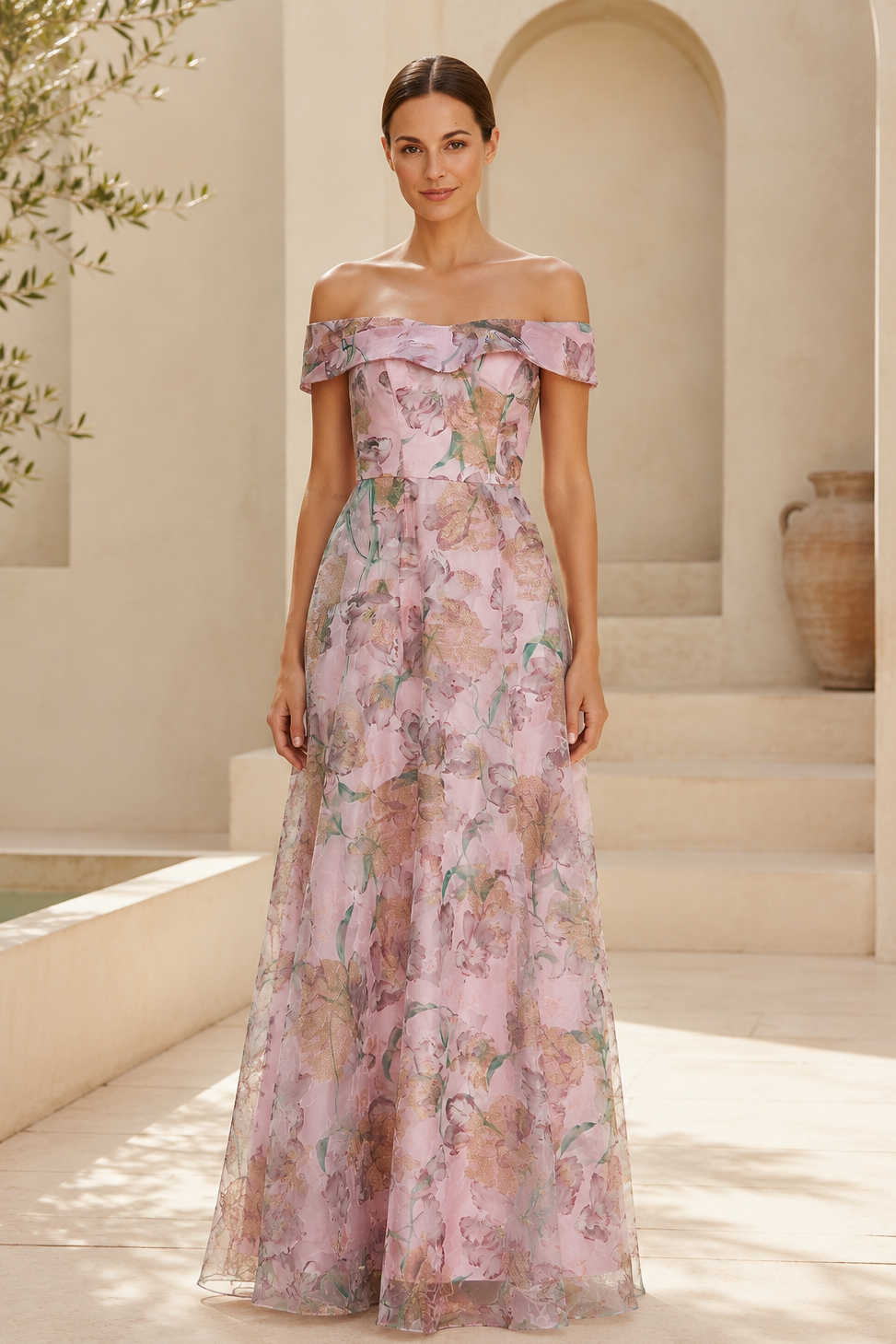 Vestido de Noche Acampanado con Hombros Descubiertos y Estampado Floral