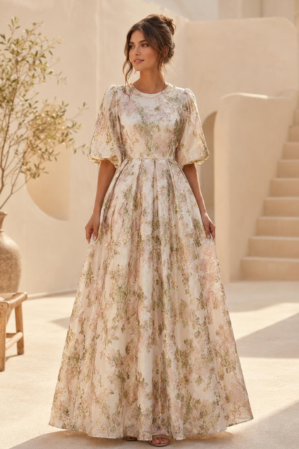 Vestido maxi acampanado de jacquard floral con mangas hasta el codo