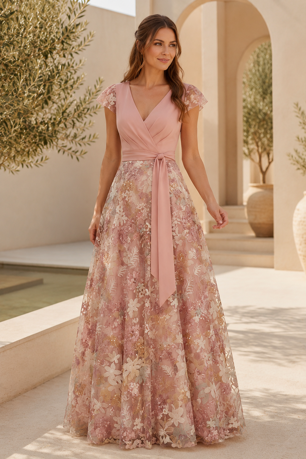 Vestido de noche largo de encaje con cuello en V y fajín