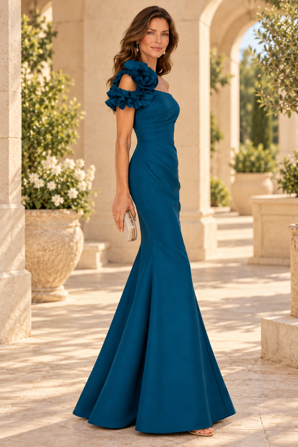 One-Shoulder Rosette Mermaid Gown