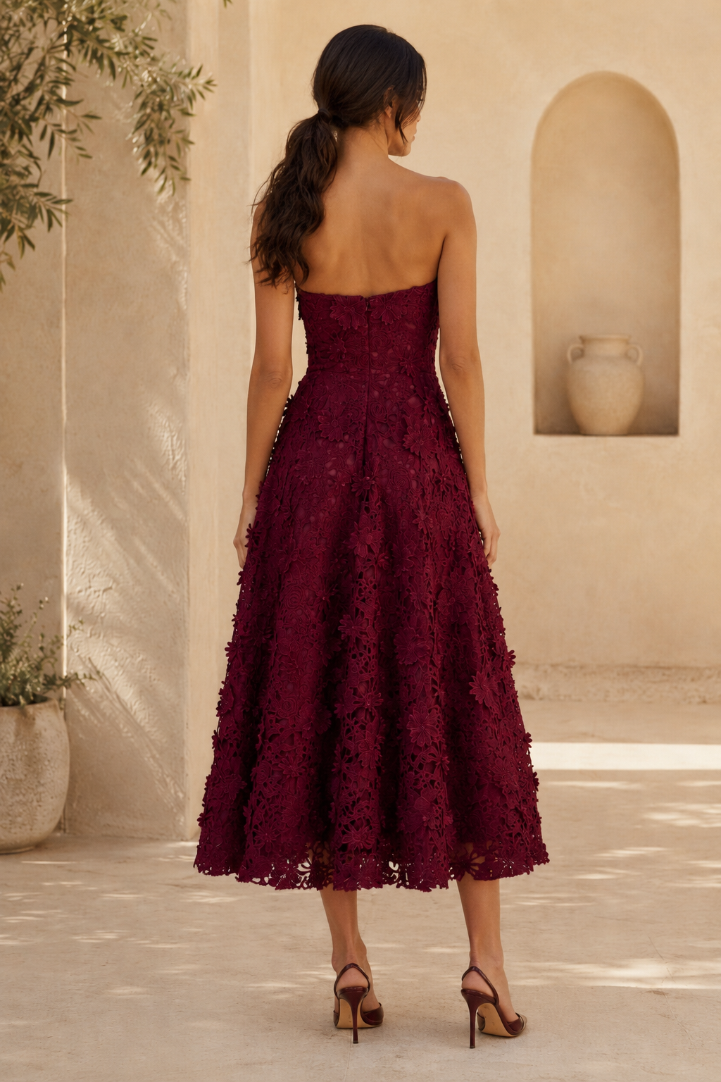Vestido de fiesta sin tirantes línea A hasta la pantorrilla de encaje floral 3D
