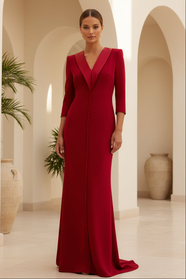 Elegante Vestido Largo Recto de Manga Tres Cuartos con Cuello de Satén