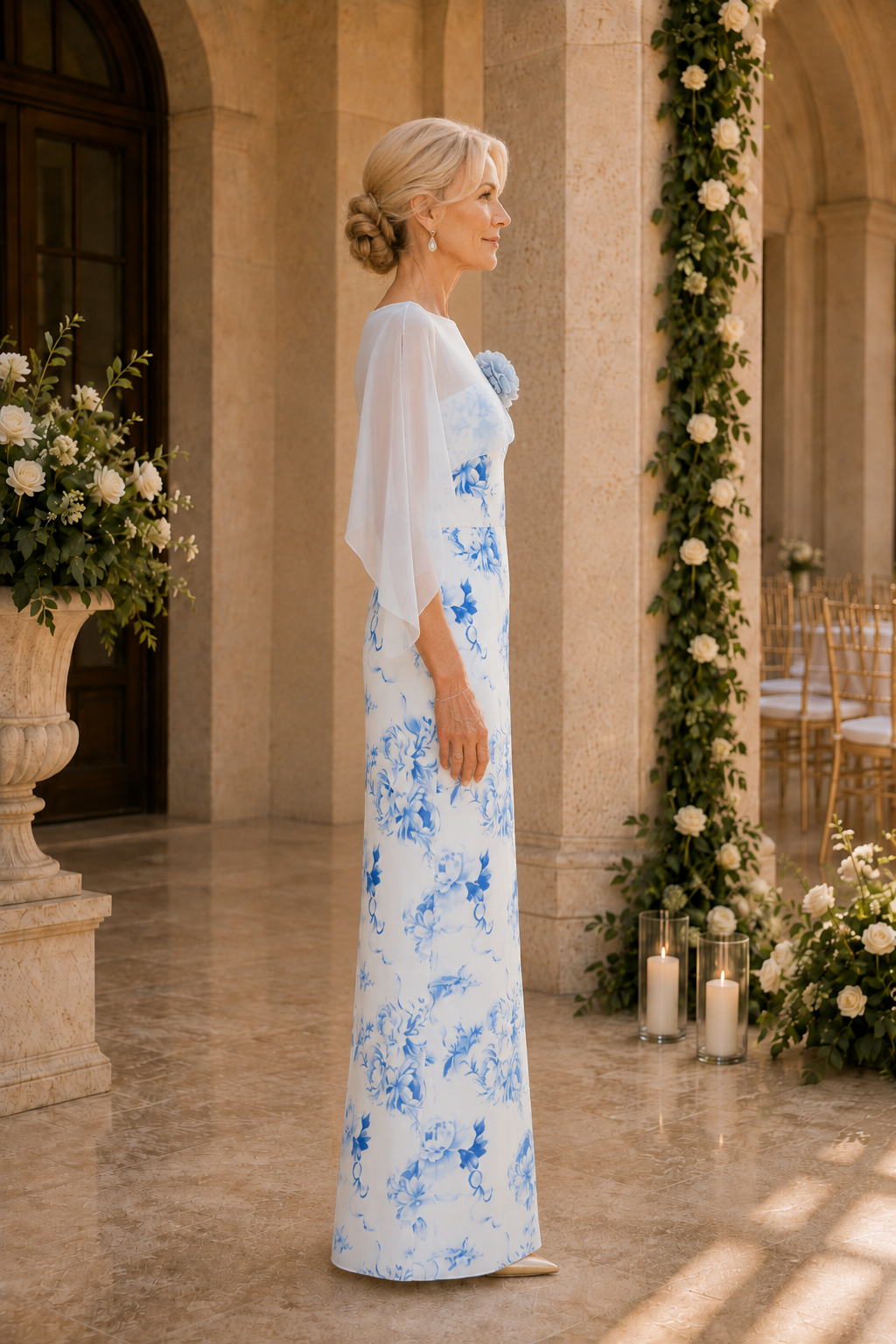 Vestido de columna floral con capa corta transparente
