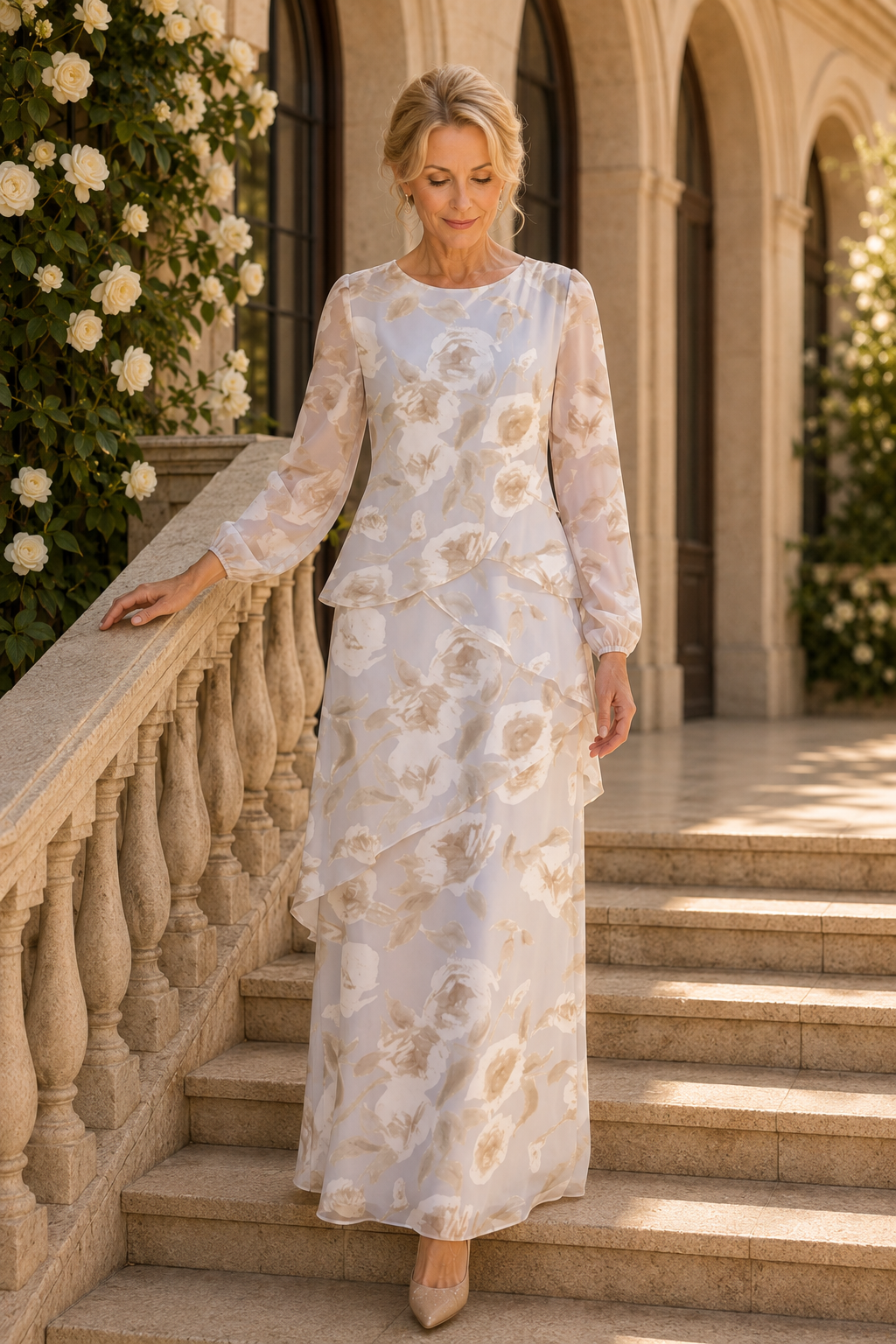 Vestido largo floral escalonado con mangas largas