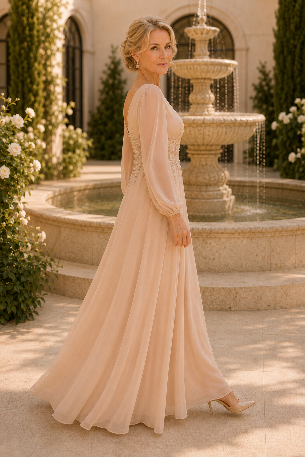 Vestido de gasa estilo A con mangas obispo largas