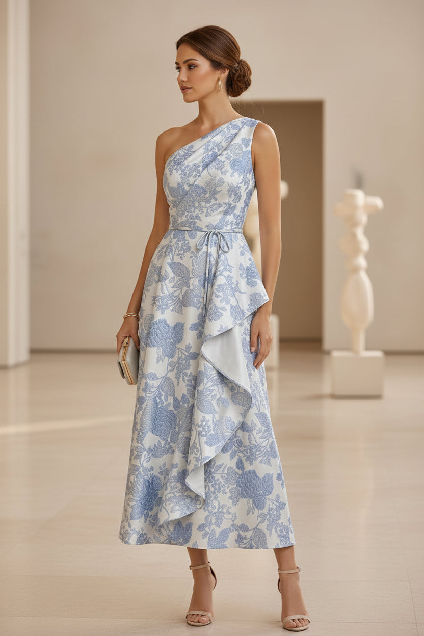 Vestido midi jacquard floral de un hombro con volantes