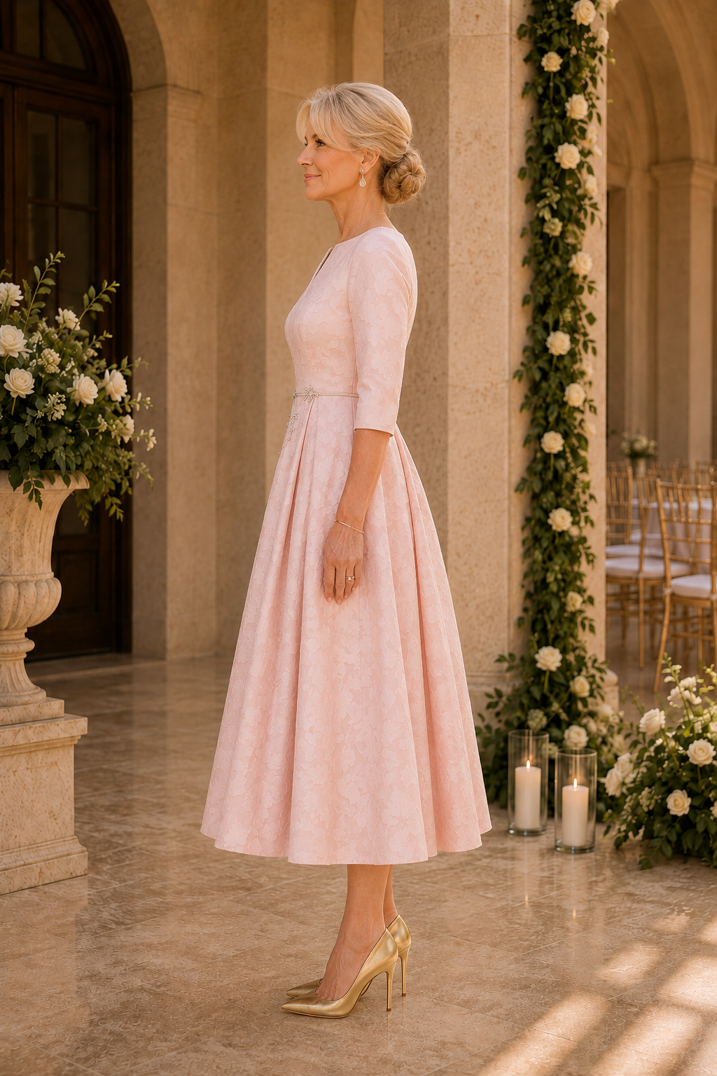 Vestido Jacquard de Largo Té y Manga 3/4