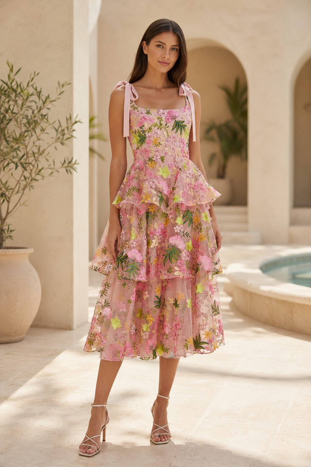 Vestido Midi de Malla con Bordado Floral y Volantes, con Tirantes Atados