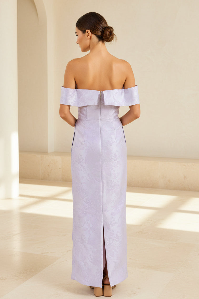Vestido columna de jacquard con hombros descubiertos