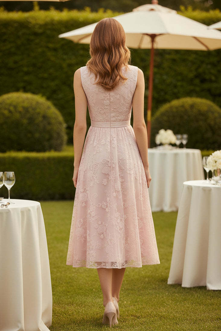 Vestido Midi Acampanado de Encaje Sin Mangas