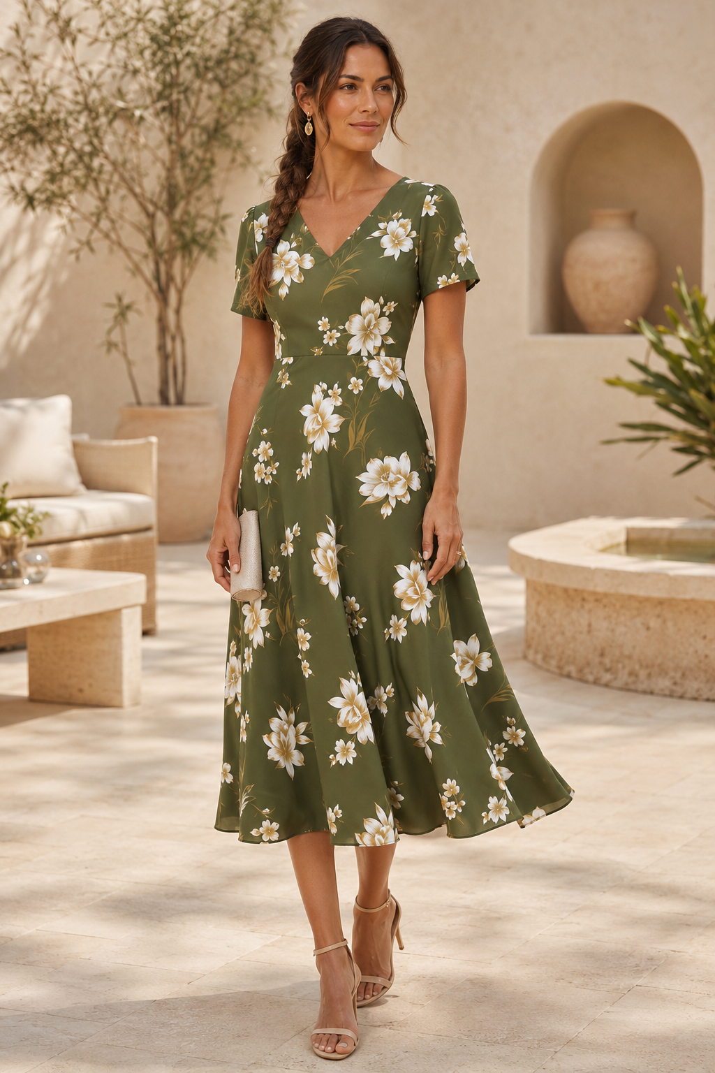 Vestido Midi Floral de Manga Corta y Cuello en V