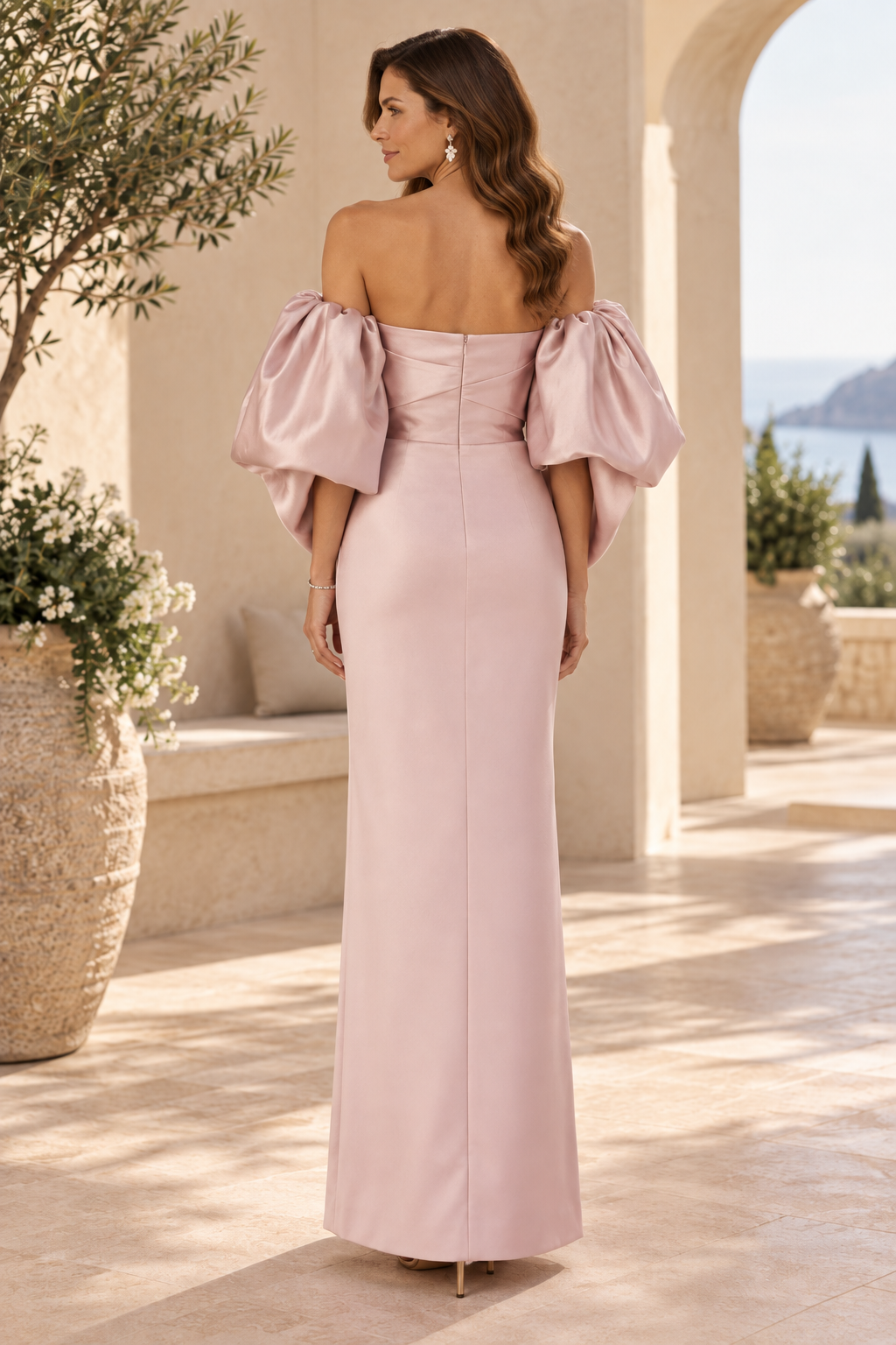 Off-the-Shoulder Puff Sleeve Column Evening Gown