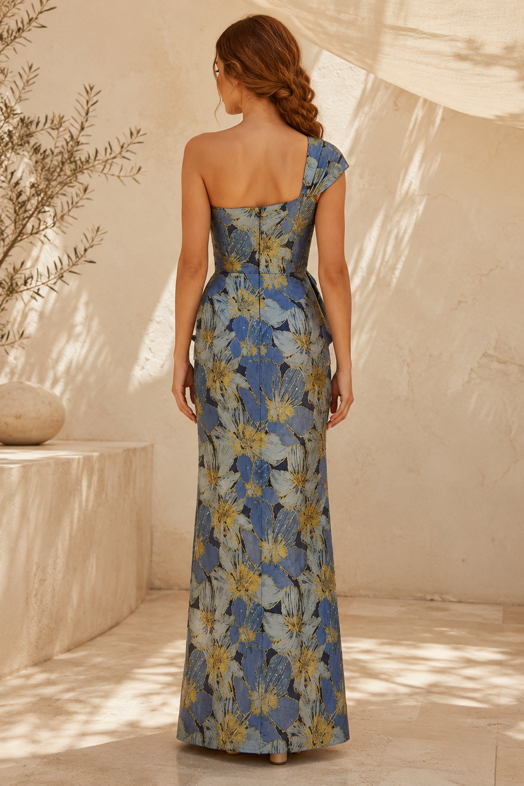Traje largo jacquard floral de un solo hombro con lazada a la cintura