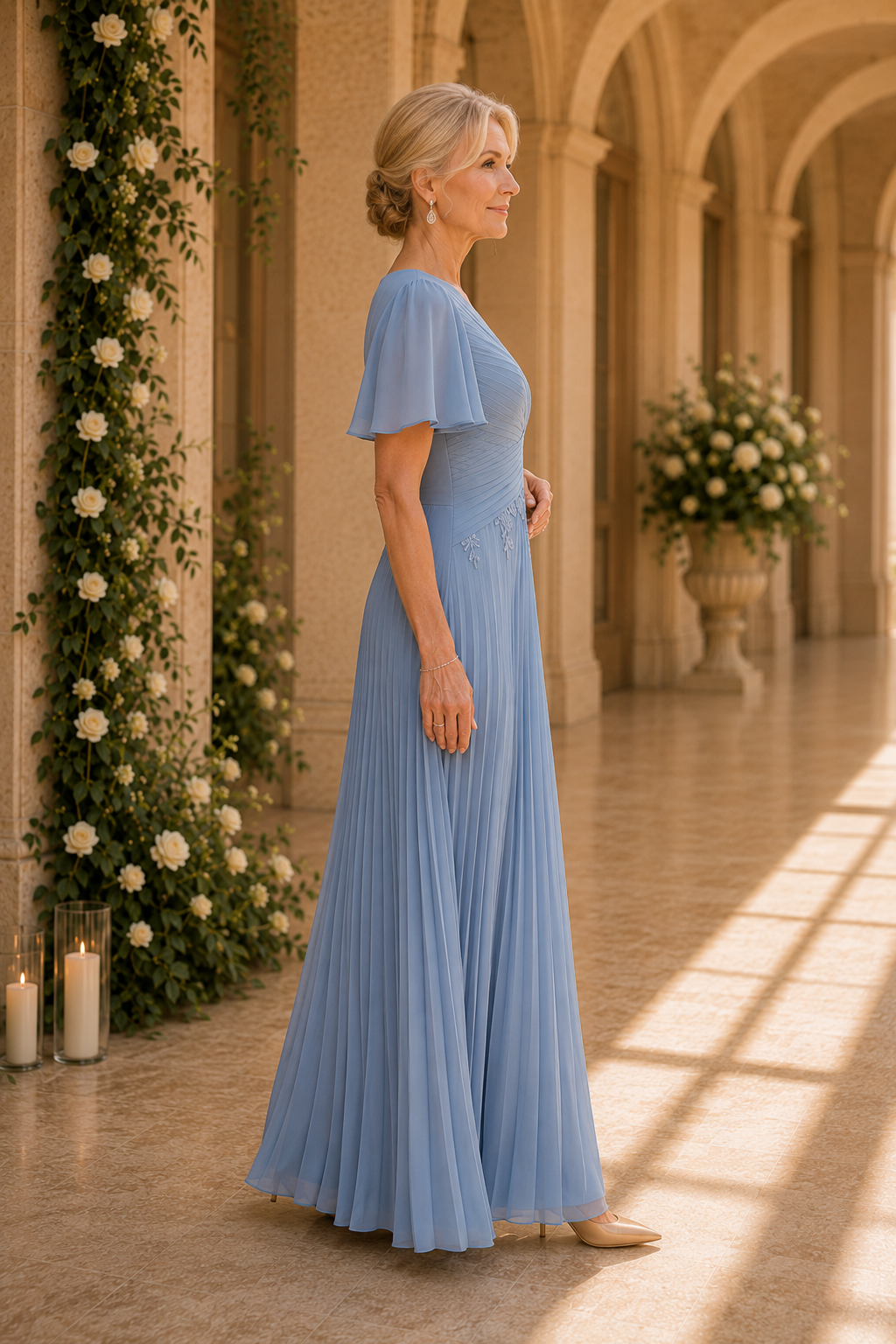 Vestido de noche de chifón plisado corte A con mangas de volantes