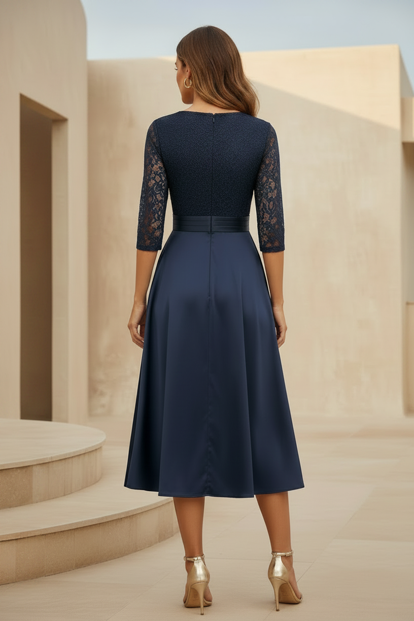 Elegante Vestido Midi con Cuerpo de Encaje y Mangas 3/4