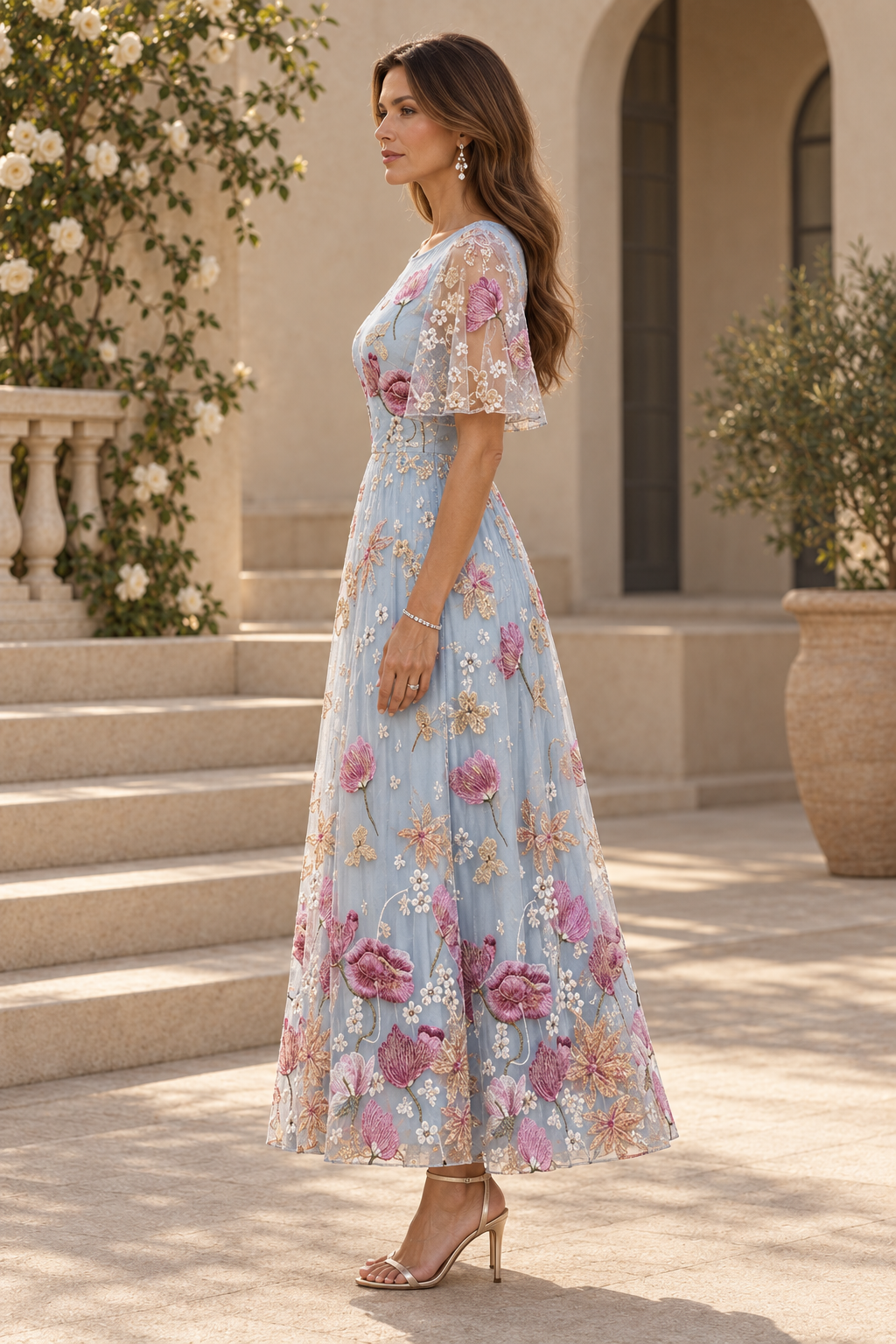 Vestido midi acampanado con mangas con volantes y bordado floral