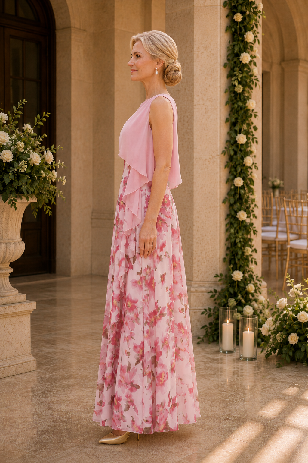 Vestido largo de gasa floral con corte en A y corpiño drapeado