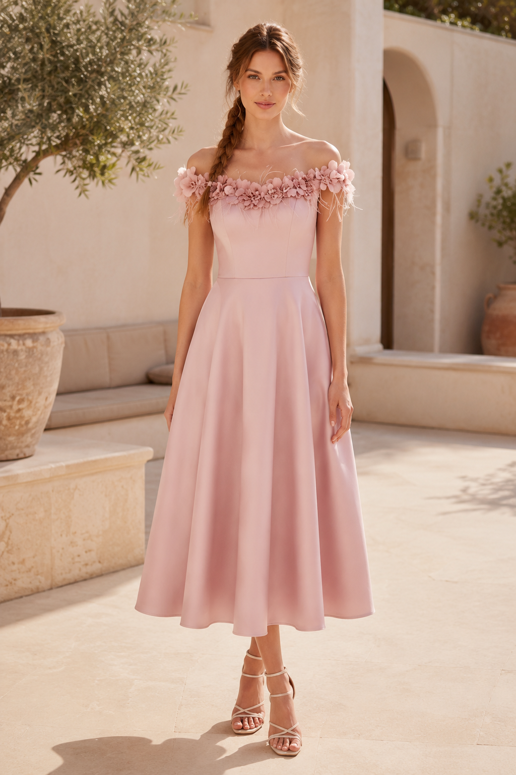 Vestido midi de satén con hombros descubiertos y flores en 3D