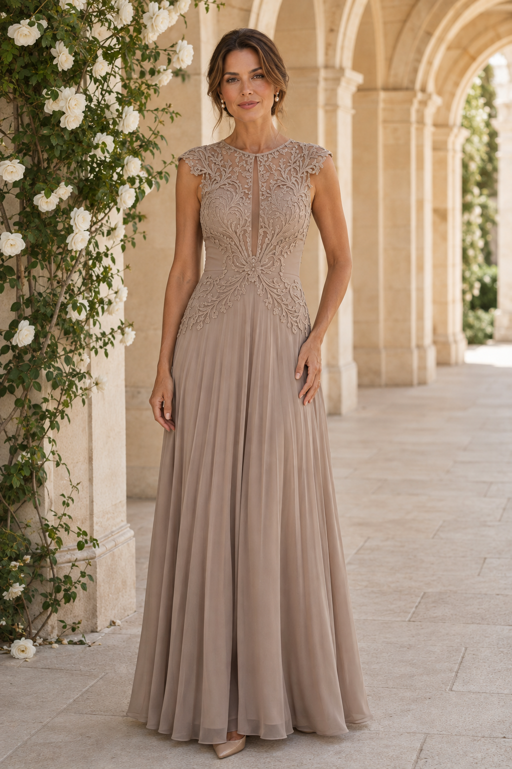 Vestido largo línea A con corpiño de encaje y escote ilusión