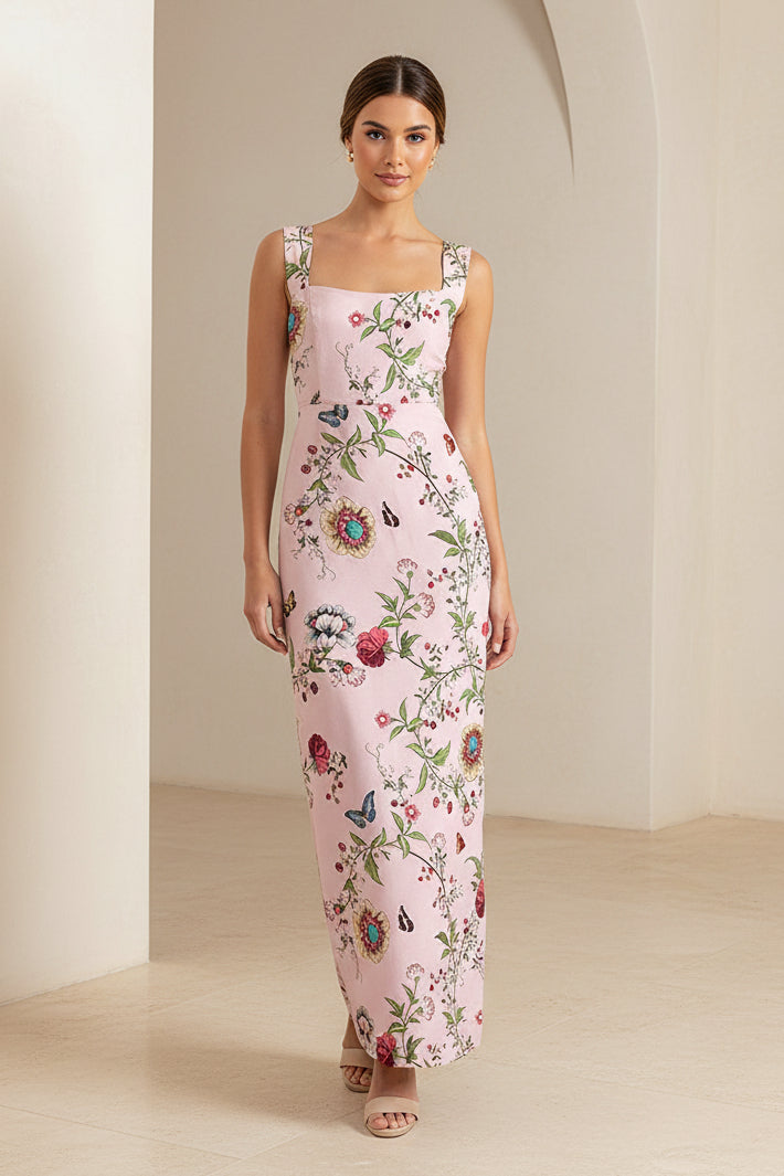 Vestido largo de corte columna con estampado floral y escote cuadrado