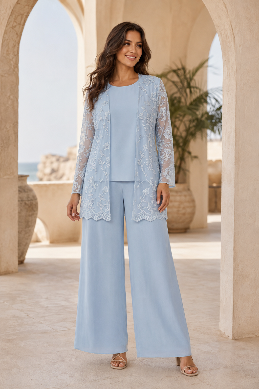 Conjunto de chaqueta de encaje, top y pantalones de pernera ancha de tres piezas