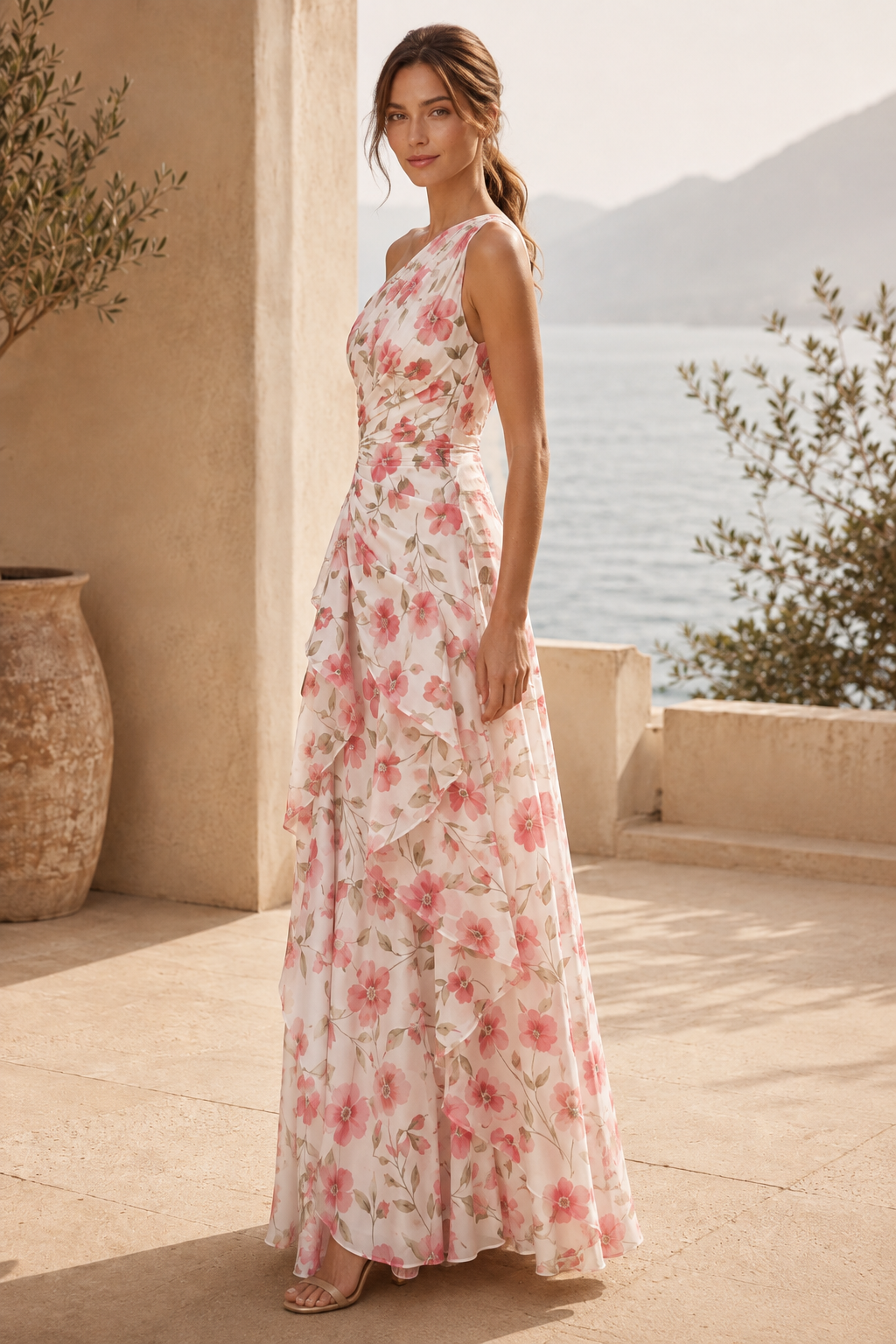 Vestido maxi floral con volantes en cascada y un solo hombro