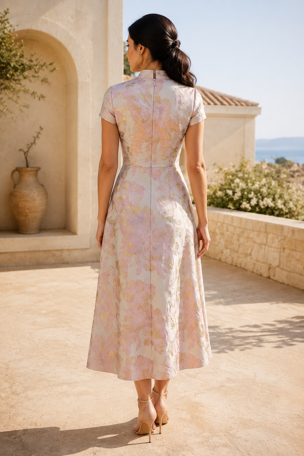 Vestido Midi Cruzado de Jacquard Floral con Mangas Cortas