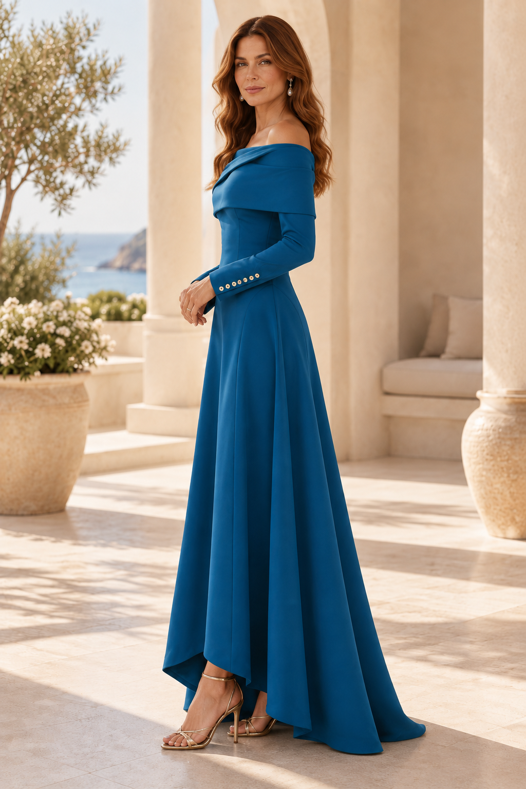 Off-the-Shoulder Long Sleeve High-Low A-Line Gown