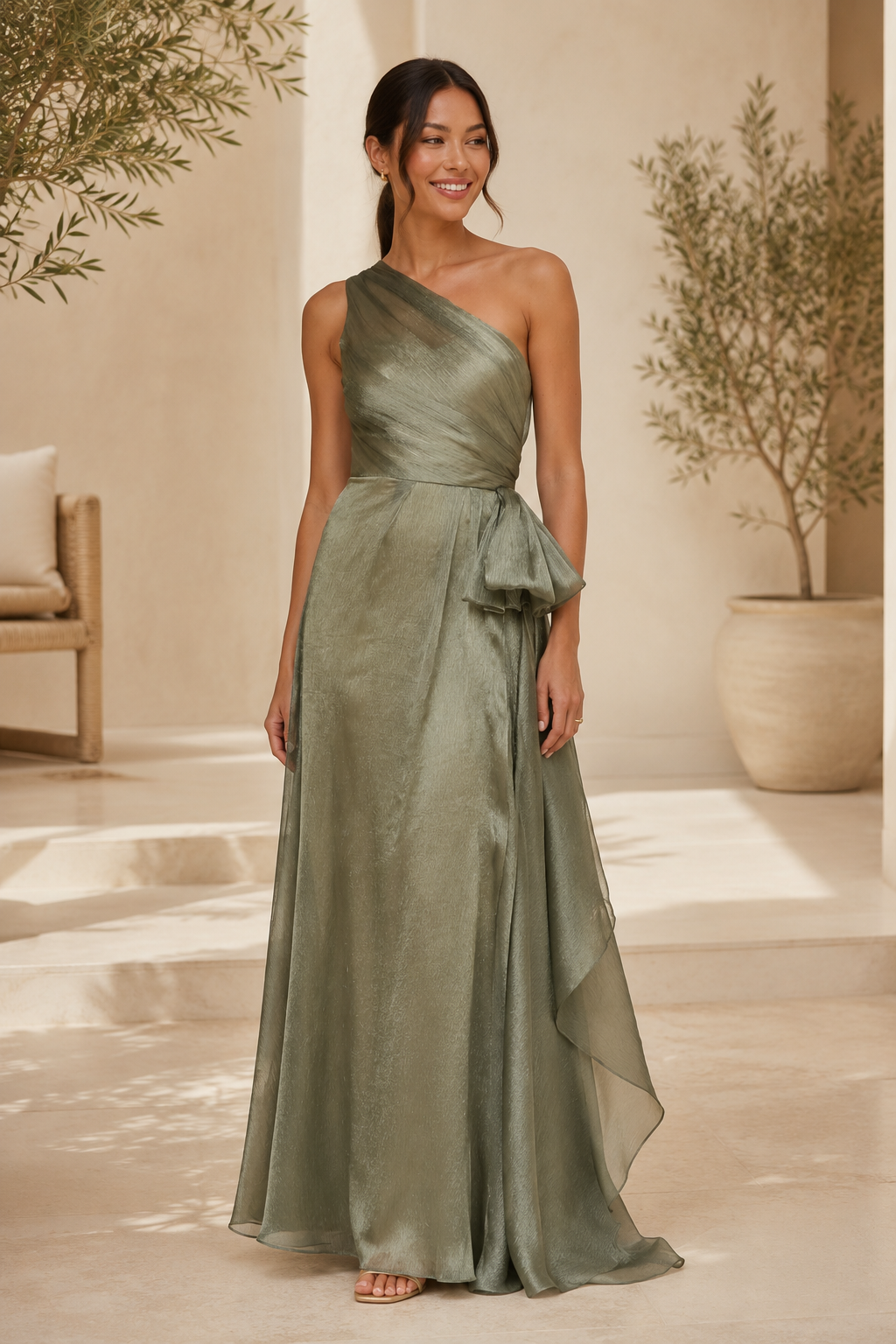 Vestido de noche plisado con corte en A y un solo hombro