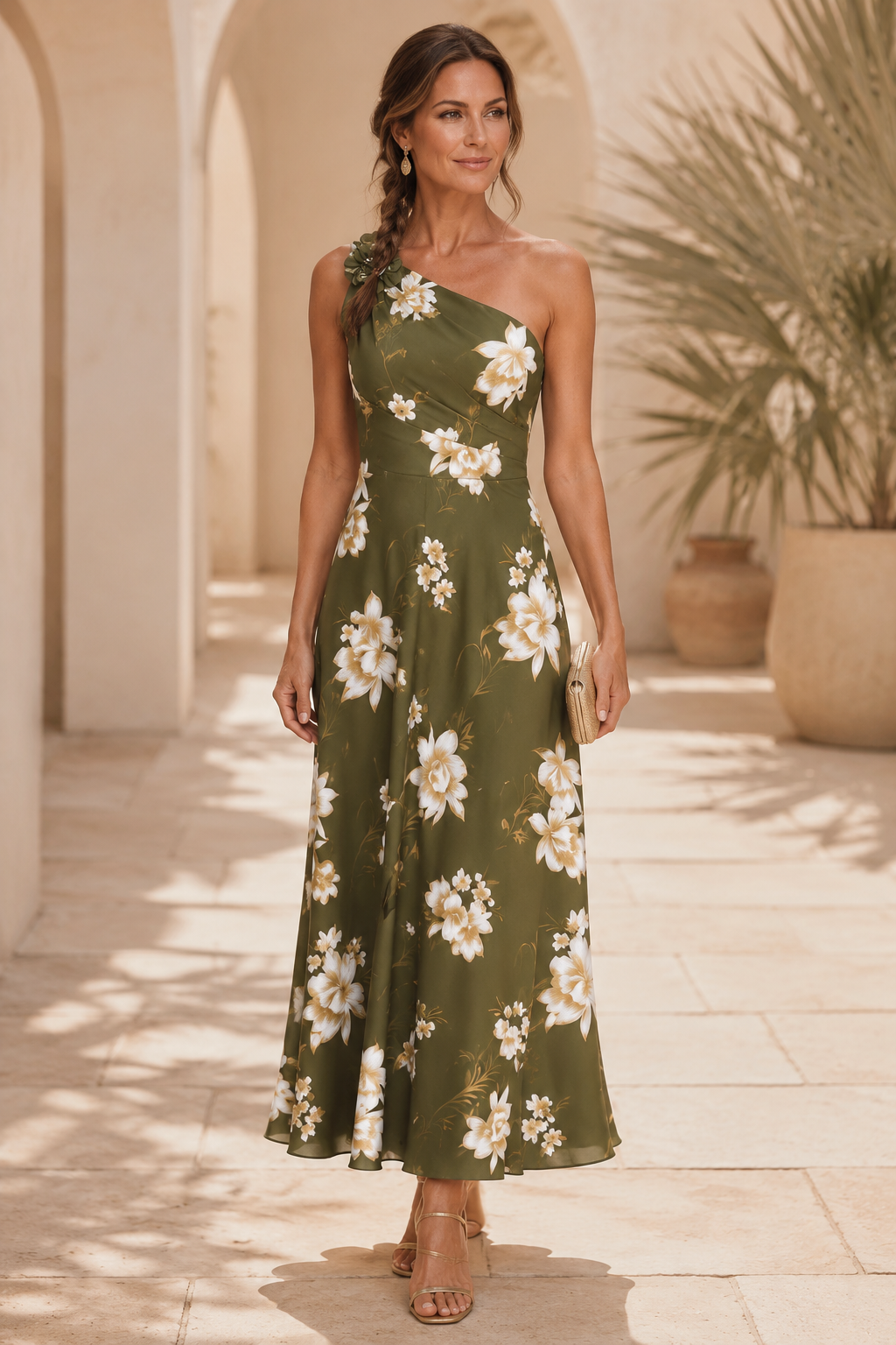 Vestido Midi Floral de un Hombro con Flor 3D