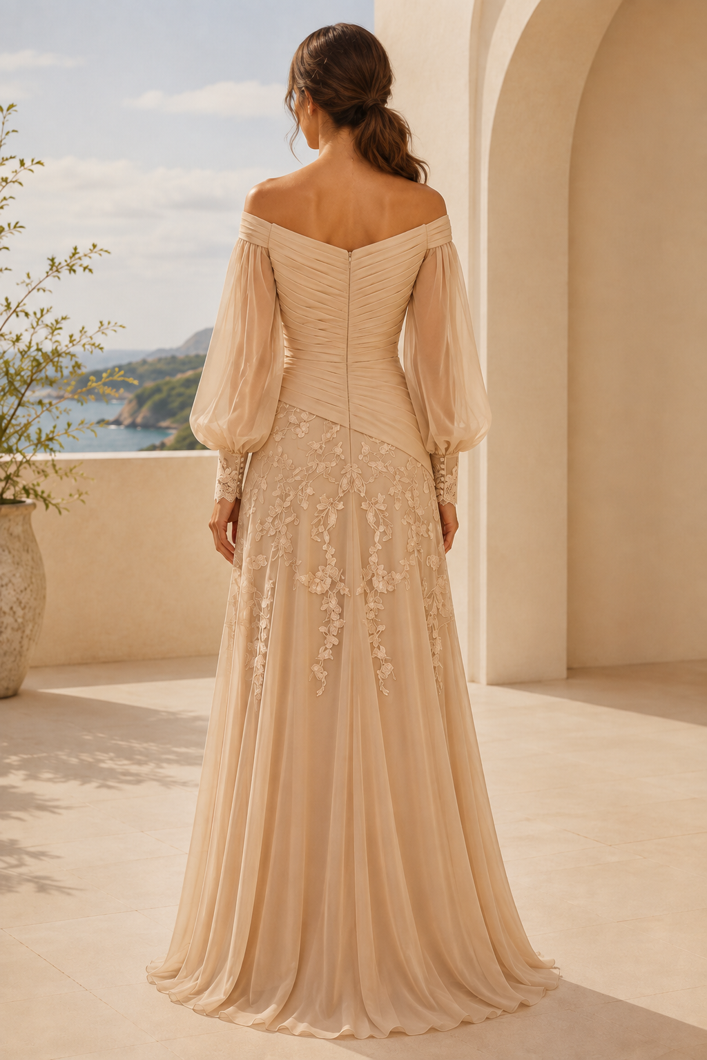 Vestido fruncido con hombros descubiertos y mangas obispo