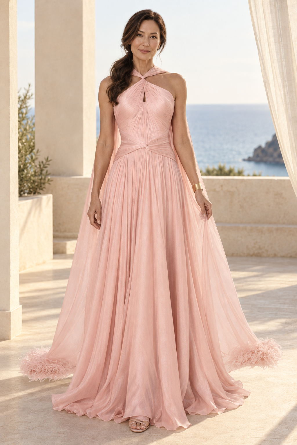 Halter Pleated A-Line Gown with Feather Cape
