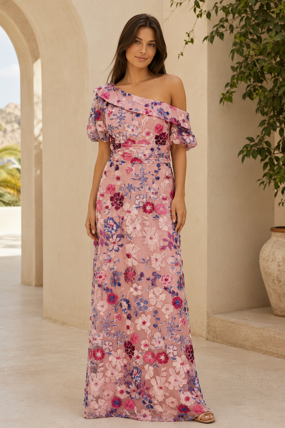 Vestido Largo Bordado Floral de Un Hombro