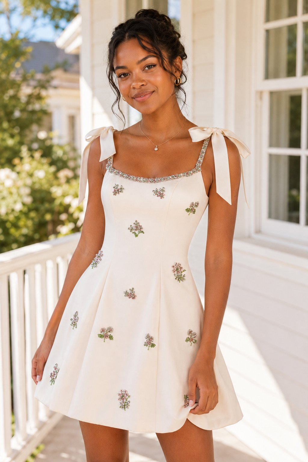Minivestido acampanado con bordado floral y tira ancha en el cuello