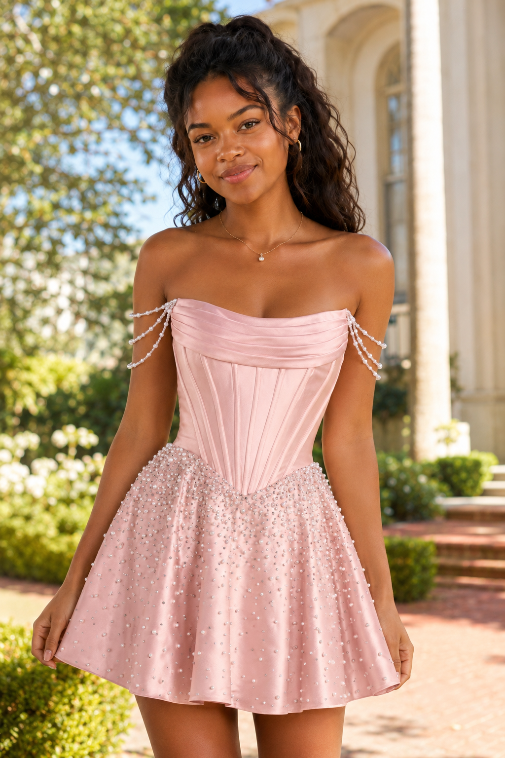 Minivestido Corsé de Perlas con Hombros Descubiertos